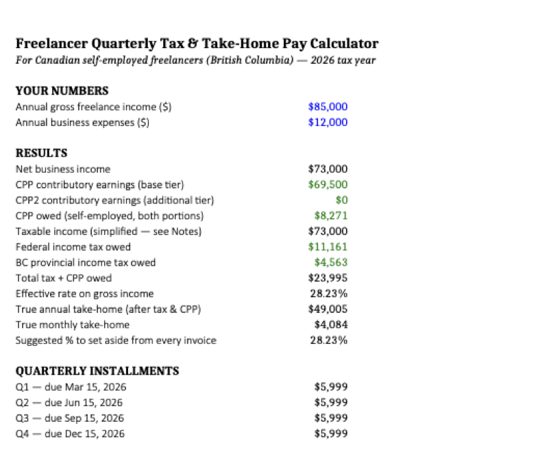 Preview of the Freelancer Quarterly Tax and Take-Home Pay Calculator spreadsheet, showing gross income, net income, tax owed, and quarterly instalment amounts.
